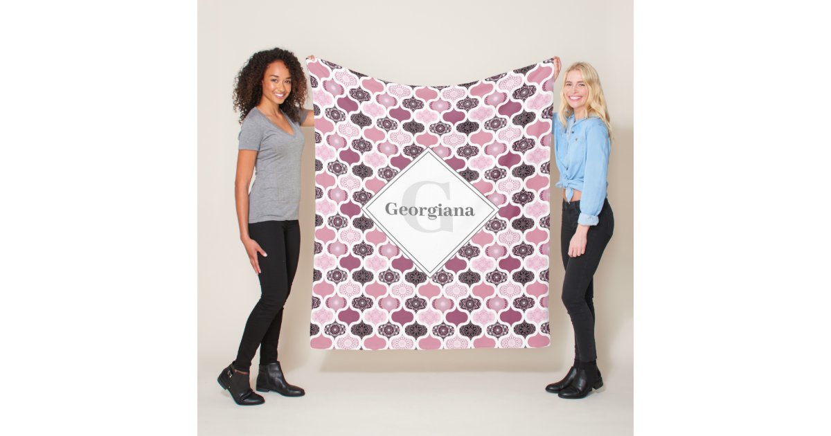 Monogram Dusky Rose Dot Mandalas Ogee Patchwork Fleece Blanket