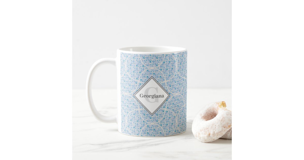 Monogram Retro Florals Berry Blues Art Deco Fans Coffee Mug