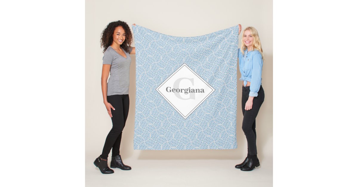 Monogram Retro Florals Berry Blues Art Deco Fans Fleece Blanket