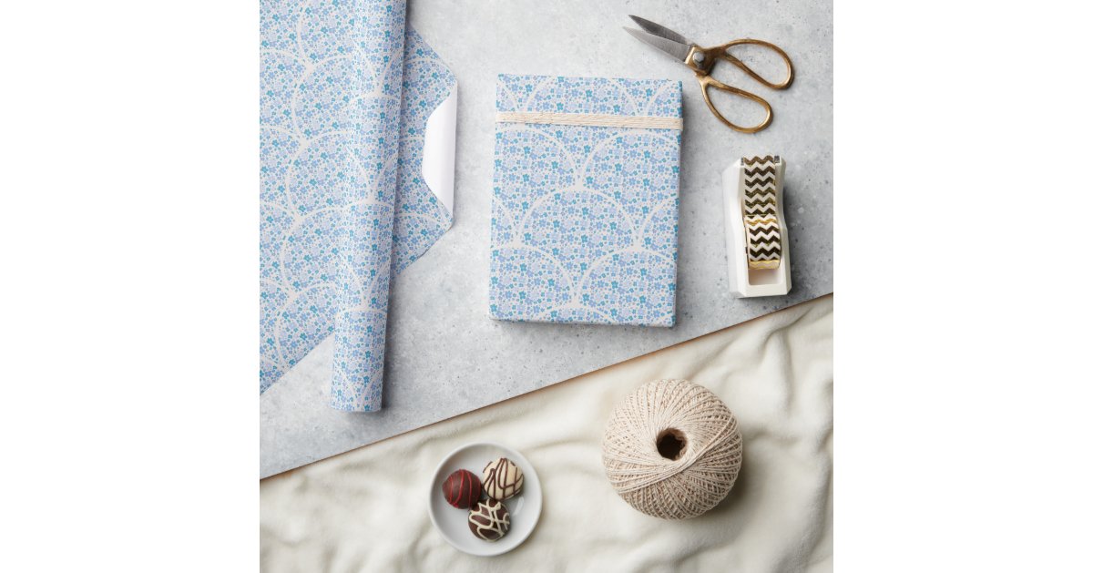 Retro Florals Berry Blues Art Deco Scallop Wrapping Paper