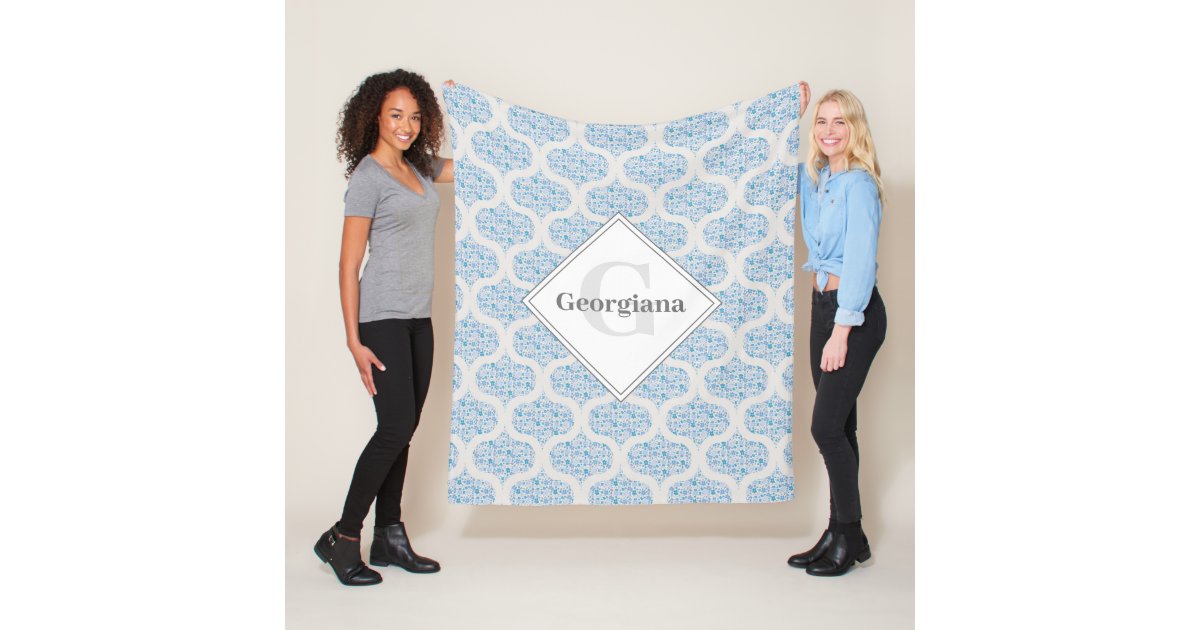 Retro Florals Berry Blues Mid Mod Ogee Fleece Blanket