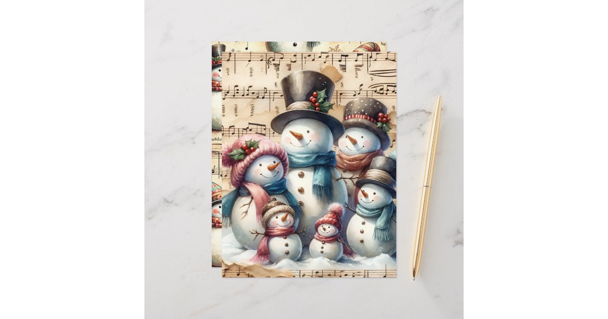 Vintage Watercolor Snowmen Scrapbook Paper