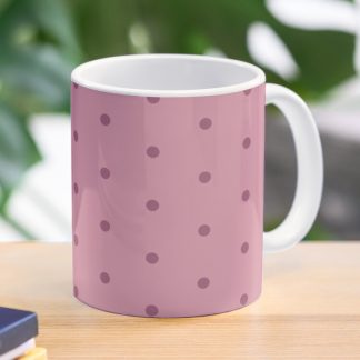 Coffee Mug, Geometric Dusky Rose Red Violet Polka Dots On Sea Pink designed and sold by Triplicate Limited