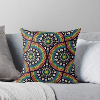 Pillow, Maximalist Rainbow Daisy Dot The Difference Mandala Art Deco Fans designed and sold by Triplicate Limited