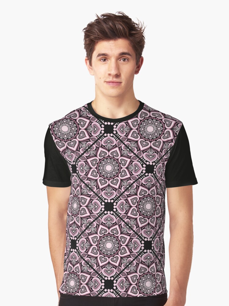 Graphic T-Shirt, Dusky Rose Hearts in Flowers Forever Dot Mandala Diamond Tile Pattern designed and sold by Triplicate Limited