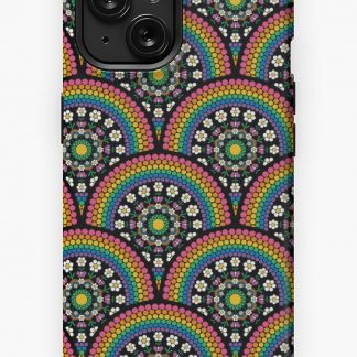 iPhone Case, Maximalist Rainbow Daisy Dot The Difference Mandala Art Deco Scallop designed and sold by Triplicate Limited