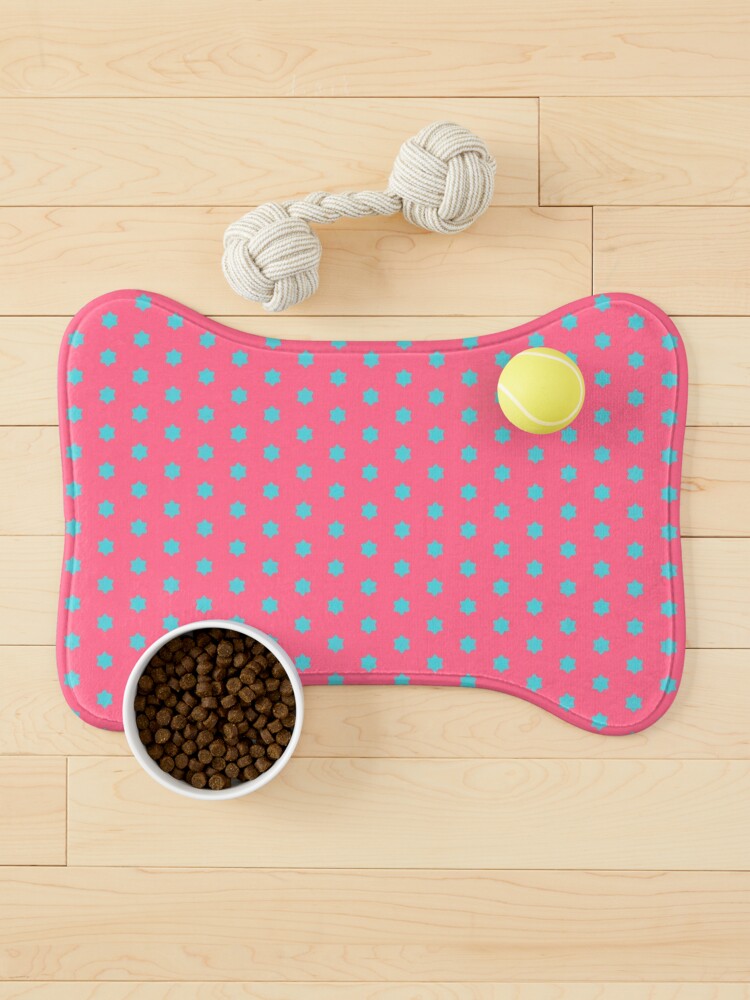 Pet Mat, Geometric Sunset on Sea Bright Turquoise Six-Pointed Stars on Vivid Pink designed and sold by Triplicate Limited