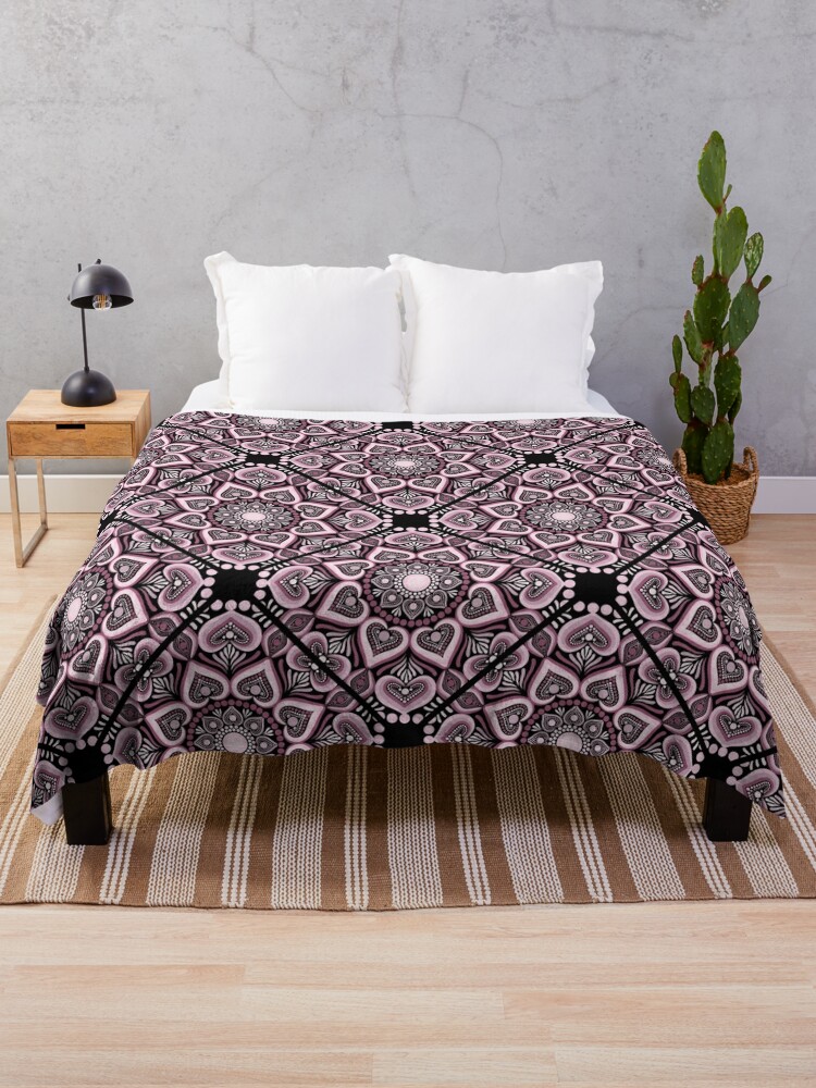 Throw Blanket, Dusky Rose Hearts in Flowers Forever Dot Mandala Diamond Tile Pattern designed and sold by Triplicate Limited