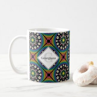 Monogrammed Rainbow Daisy Dot Mandala Diamond Tile Coffee Mug
