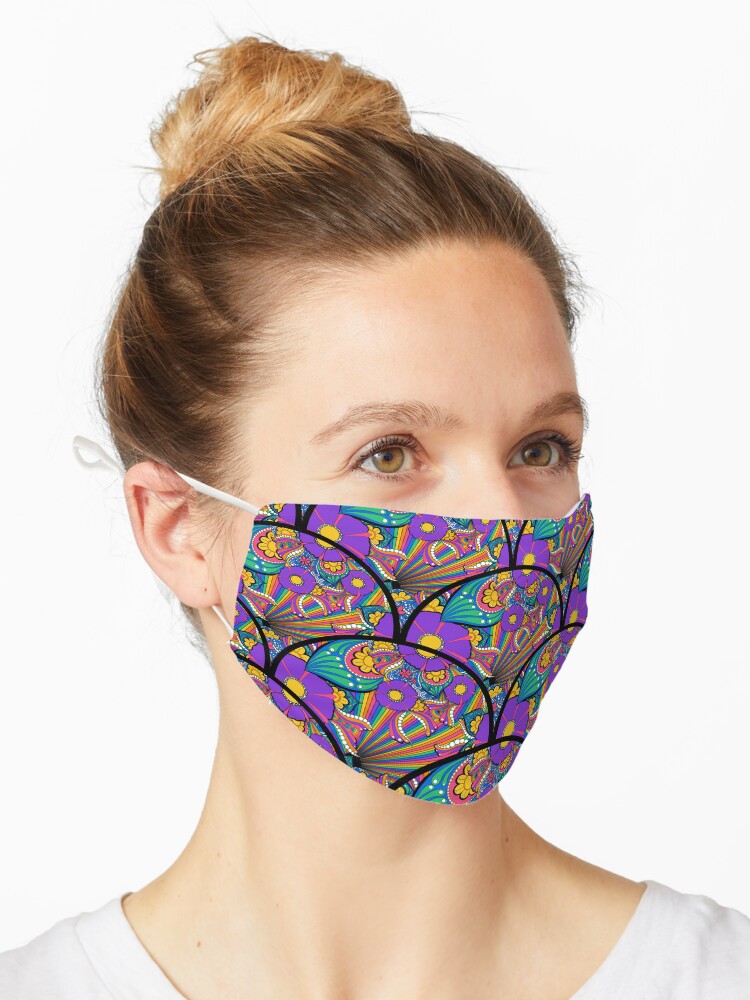 Mask, French Country Florals Tangle Psychedelic Rainbow Art Deco Scallop designed and sold by Triplicate Limited