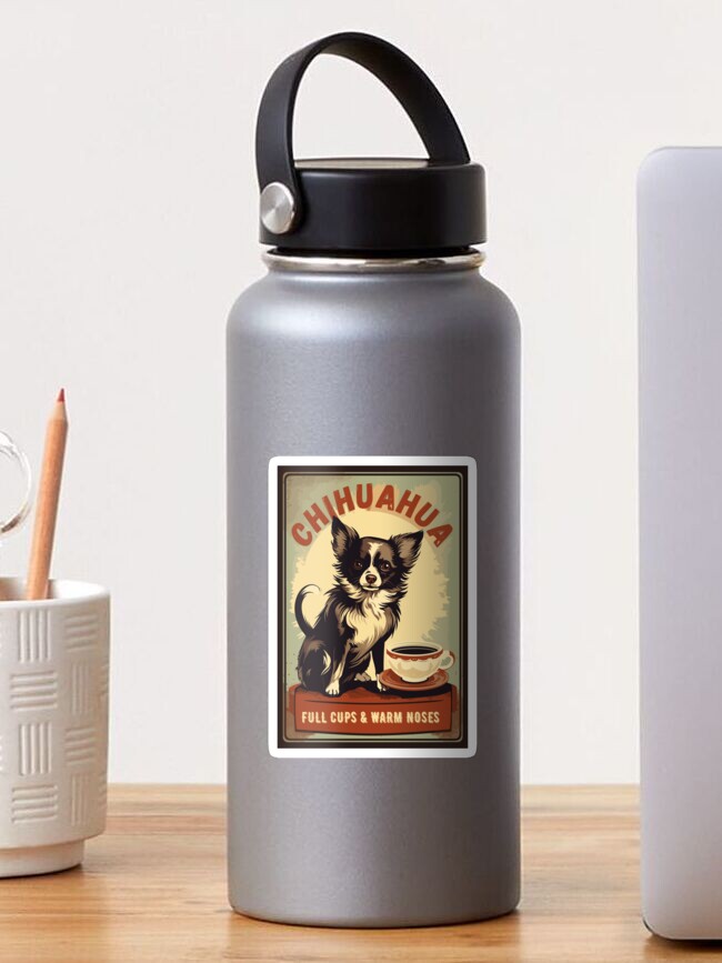 Sticker, Chihuahua Cafe Vintage Sign - Full Cups & Warm Noses designed and sold by Triplicate Limited