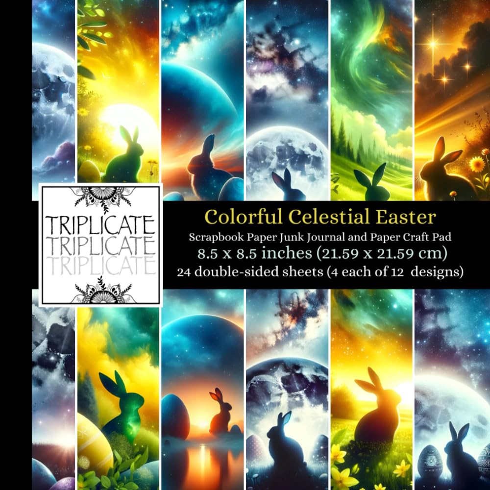Colorful Celestial Easter Scrapbook Paper Junk Journal and Paper Craft Pad: 24 double-sided matte pages of 8.5 x 8.5 inch 60lb (90gsm) decorative ... 12 background designs (4 of each design)