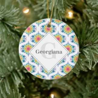 Custom Name Rainbow Floral Mandala Retro Ogee Ceramic Ornament