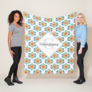 Custom Name Rainbow Floral Mandala Retro Ogee Fleece Blanket