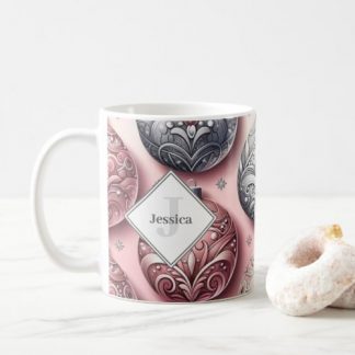 Custom Name Silver and Pink Christmas Baubles Coffee Mug