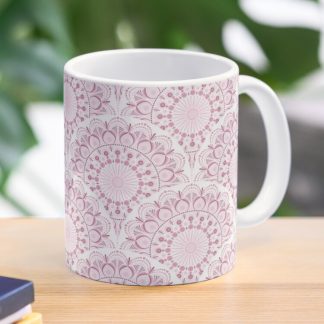 Coffee Mug, Dusky Rose Confetti Lace Dot Mandala Art Deco Scallop designed and sold by Triplicate Limited