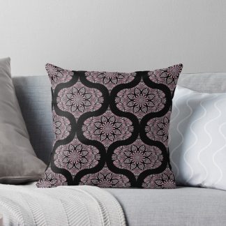 Pillow, Dusky Rose Fronds Dot Mandala Retro Ogee designed and sold by Triplicate Limited