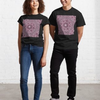 Classic T-Shirt, Dusky Rose Hearts in Flowers Forever Dot Mandala Diamond Scale Tile Pattern designed and sold by Triplicate Limited