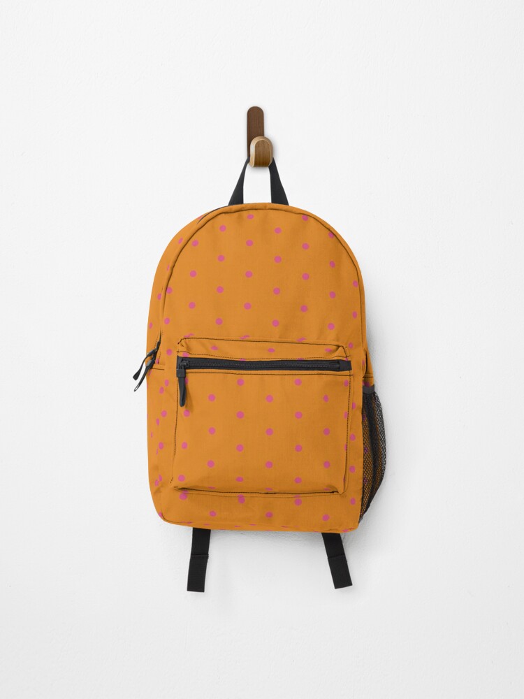 Backpack, Geometric Maximalist Rainbow Fandango Pink Polka Dots On Dark Cheddar designed and sold by Triplicate Limited