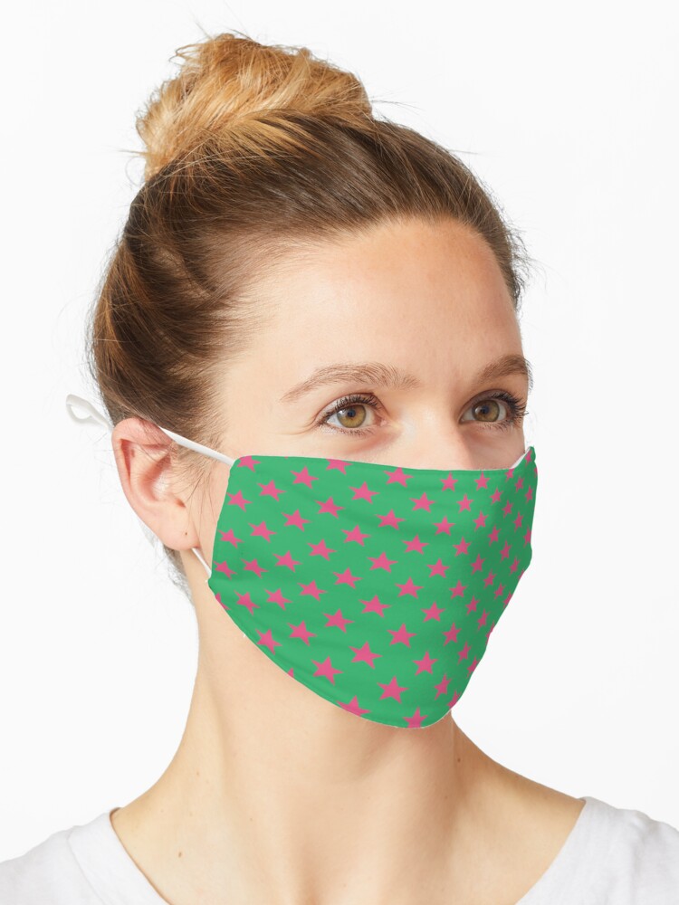 Mask, Geometric Maximalist Rainbow Fandango Pink Stars On Island Green designed and sold by Triplicate Limited