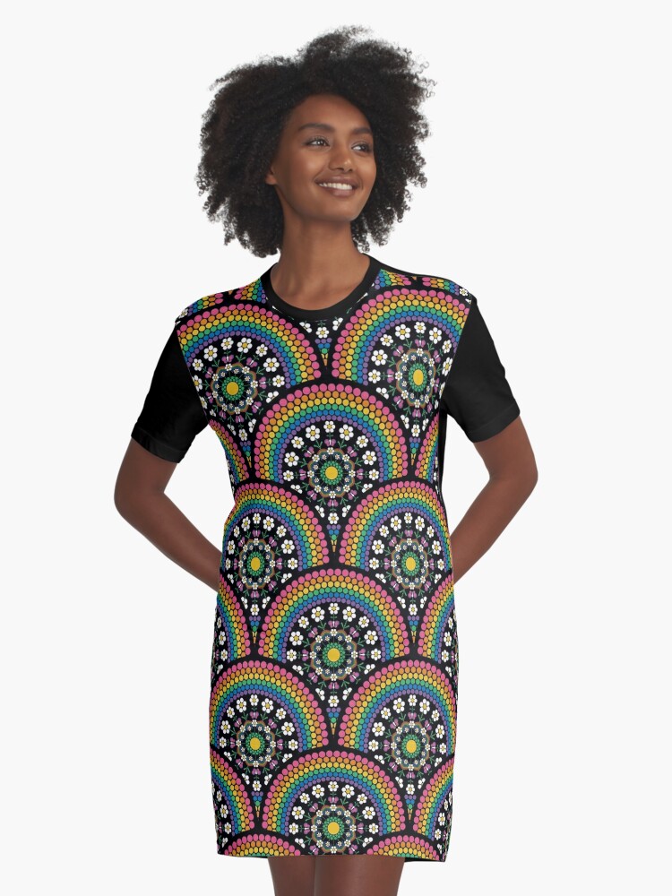 Graphic T-Shirt Dress, Maximalist Rainbow Daisy Dot The Difference Mandala Art Deco Scallop designed and sold by Triplicate Limited