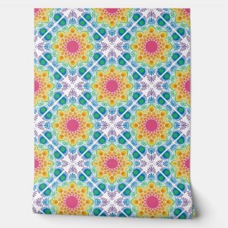 Maximalist Rainbow Floral Fountain Diamond Tile Wallpaper