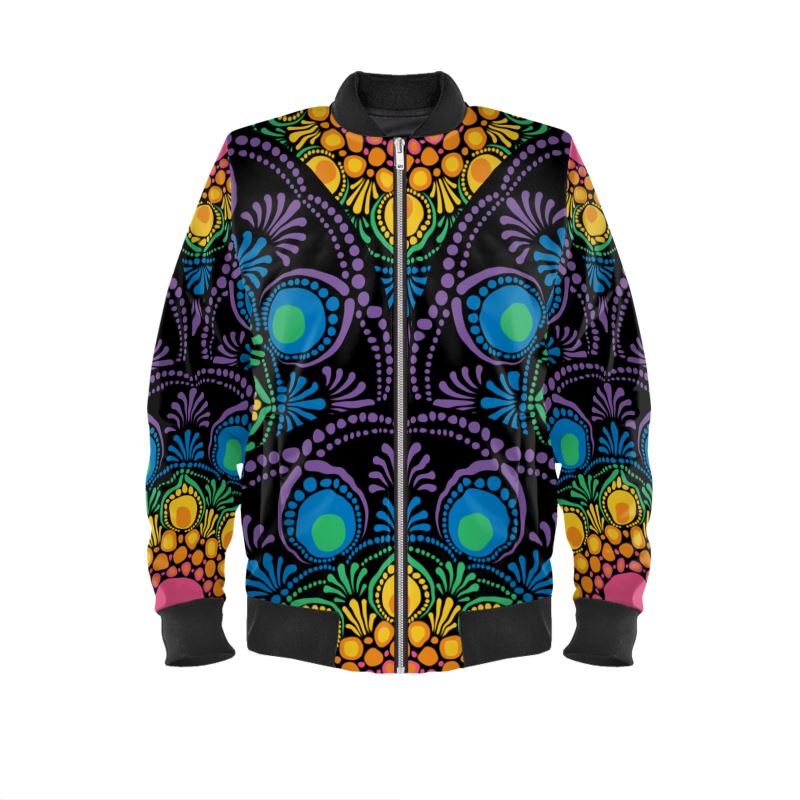 Mens Bomber Jacket Maximalist Rainbow Floral Fountain Mandala Art Deco