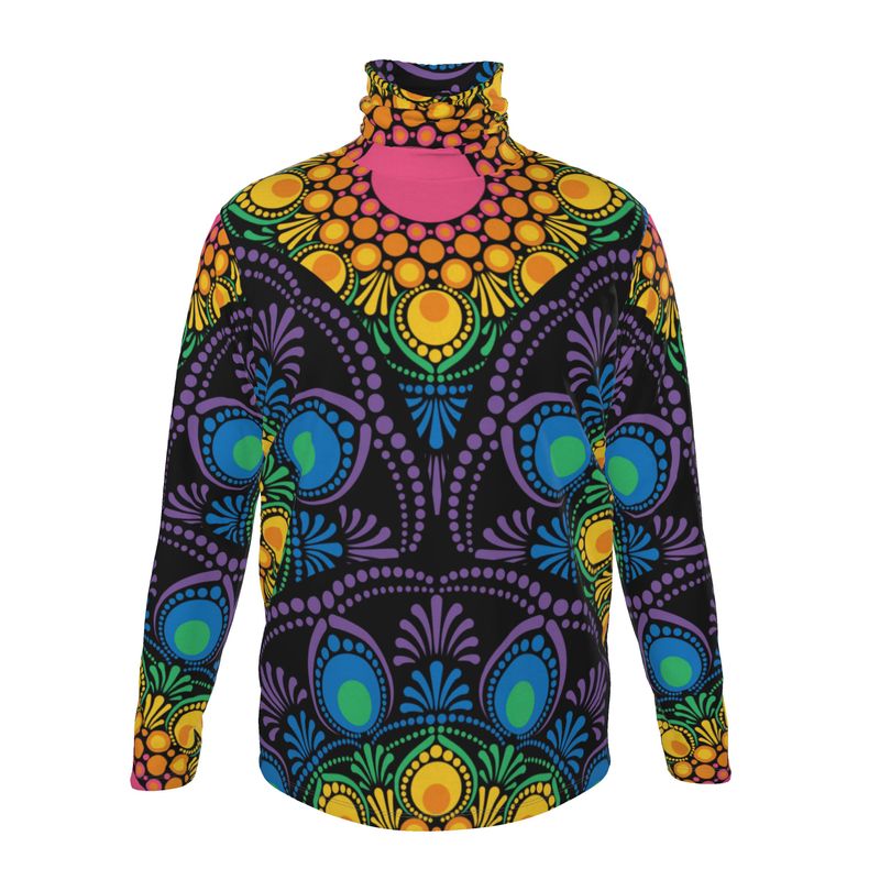 Mens slim fit roll neck Rainbow Floral Fountain Mandala Art Deco