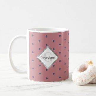 Monogram Geometric Royal Circle Blue Dots on Pink Coffee Mug