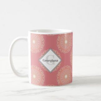 Monogram Ornate Peach Polka Dot Mandala Coffee Mug