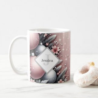 Monogram Pink and Silver Festive Floral Baubles Coffee Mug