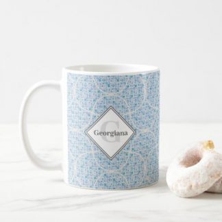 Monogram Retro Florals Berry Blues Art Deco Fans Coffee Mug