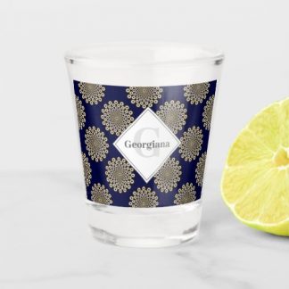 Monogram We Are Watching You Navy &amp; Gold Polka Dot Shot Glass