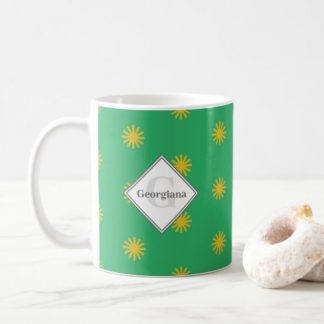 Monogrammed Geometric Yellow Suns on Solid Green Coffee Mug