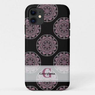 Monogrammed Pink Floral Fronds Polka Dot Mandala iPhone 11 Case