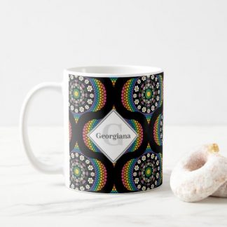 Monogrammed Rainbow Daisy Dot Mandala Diamond Tile Coffee Mug
