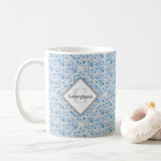 Monogrammed Retro Florals Berry Blues Diamond Tile Coffee Mug
