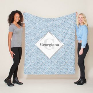 Monogrammed Retro Florals Berry Blues Diamond Tile Fleece Blanket