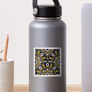 Sticker, Navy and Gold Eyes on the Prize Dot Mandala Scale Pattern designed and sold by Triplicate Limited