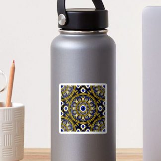 Sticker, Navy and Gold Eyes on the Prize Dot Mandala Tile Pattern designed and sold by Triplicate Limited