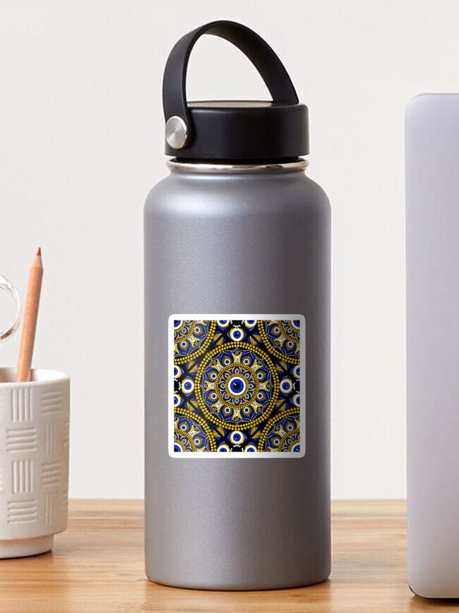 Sticker, Navy and Gold Eyes on the Prize Dot Mandala Tile Pattern designed and sold by Triplicate Limited