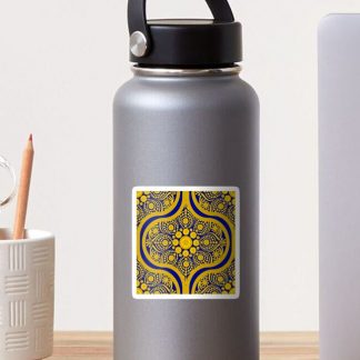 Sticker, Navy and Gold Night Blooming Buttercup Dot Mandala Ogee designed and sold by Triplicate Limited