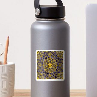 Sticker, Navy and Gold Night Blooming Buttercup Polka Dot Mandala Scallop designed and sold by Triplicate Limited