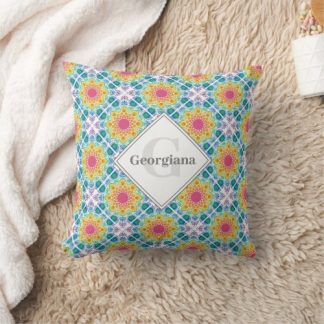Personalised Rainbow Floral Mandala Diamond Tile Throw Pillow
