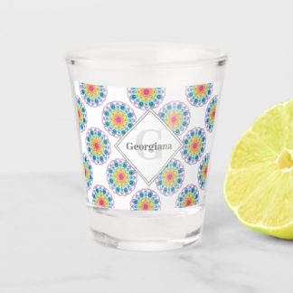 Personalized Rainbow Floral Polka Dots Mandala Shot Glass