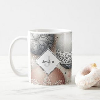 Personalized Silver and Pink Christmas Baubles Coffee Mug