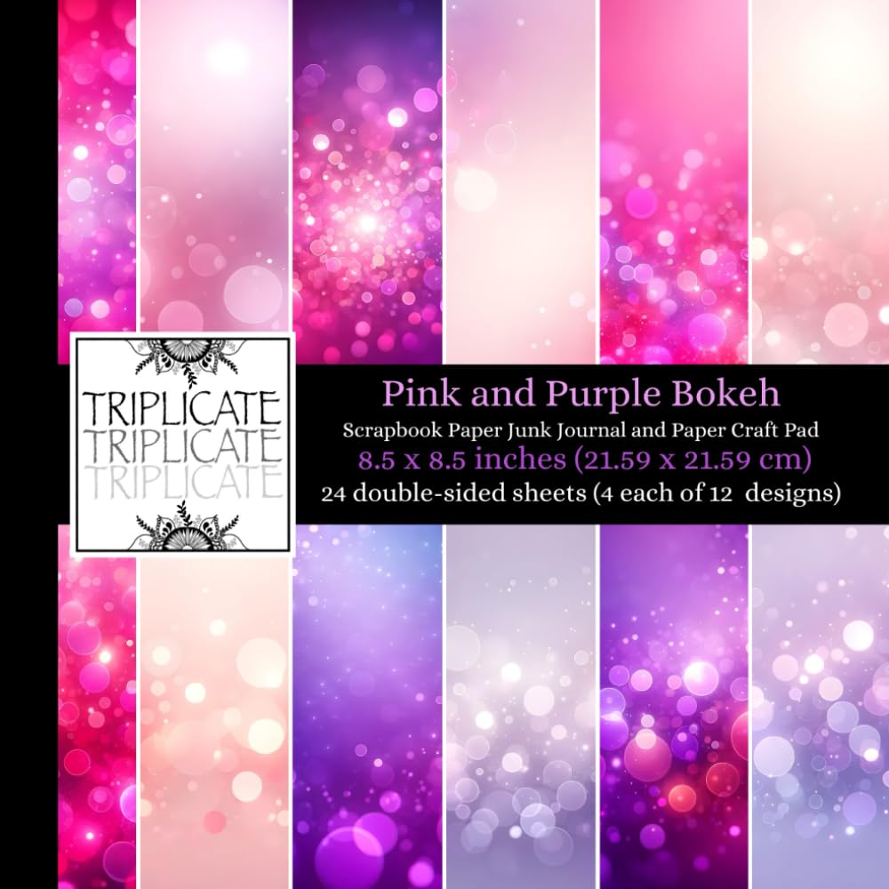 Pink and Purple Bokeh Scrapbook Paper Junk Journal and Paper Craft Pad: 24 double-sided matte pages of 8.5 x 8.5 inch 60lb (90gsm) decorative craft ... 12 background designs (4 of each design)