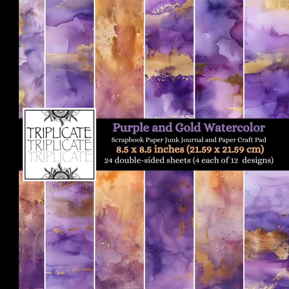 Pink and Purple Watercolor Scrapbook Paper, Junk Journal and Paper Craft Pad: 24 double-sided matte pages of 8.5 x 8.5 inch 60lb (90gsm) decorative ... of 12 background designs (4 of each design)