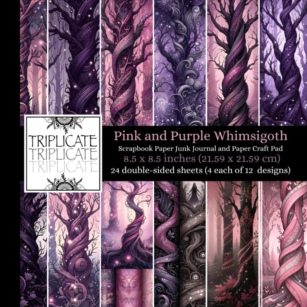 Pink and Purple Whimsigoth Scrapbook Paper Junk Journal and Paper Craft Pad: 24 double-sided matte pages of 8.5 x 8.5 inch 60lb (90gsm) decorative ... 12 background designs (4 of each design)