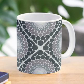 Coffee Mug, Radiant Silver Smoke Dot Mandala Diamond Tile designed and sold by Triplicate Limited